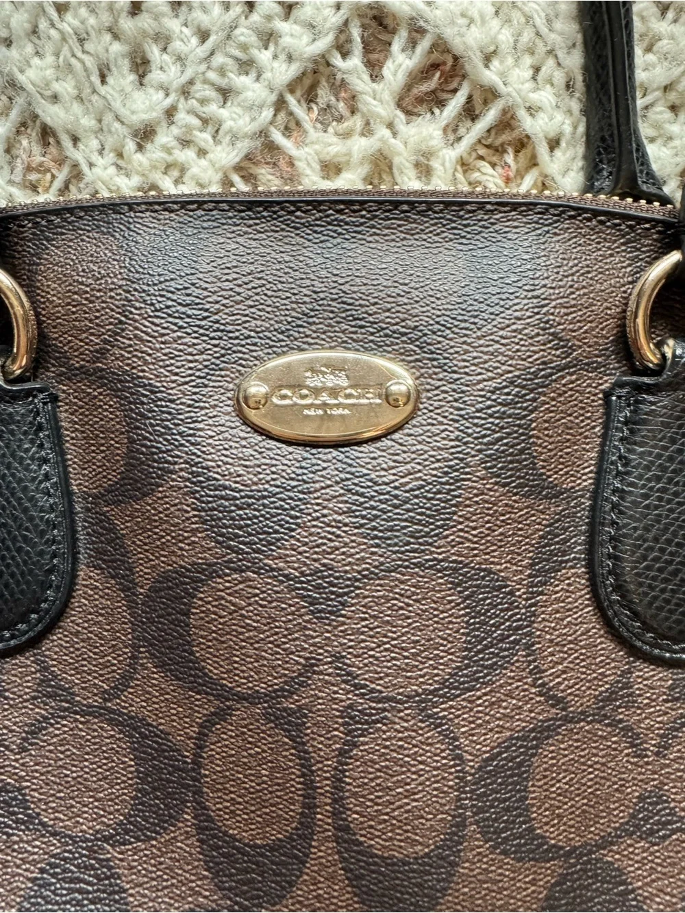 Coach Cora Domed Satchel Signature Canvas Brown Black Leather Bag F33904 K1481